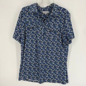 Southern Lady 1X Blue White Geometric Print Short Sleeve Button‎ Up Shirt